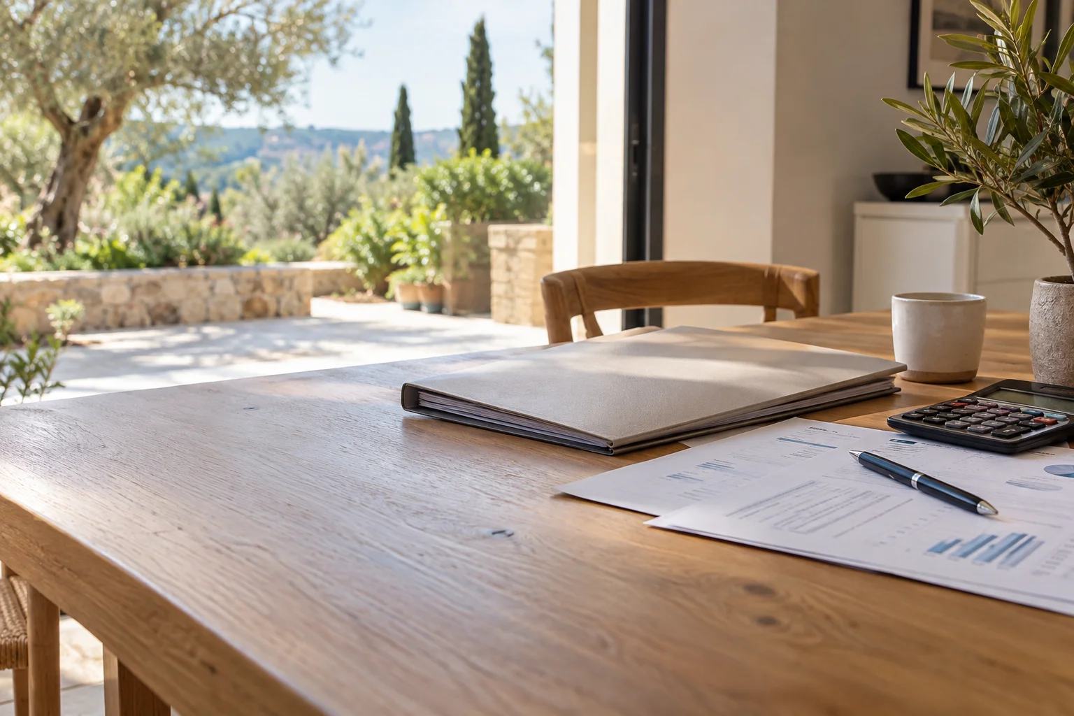 Dossier de financement et calculatrice sur un bureau