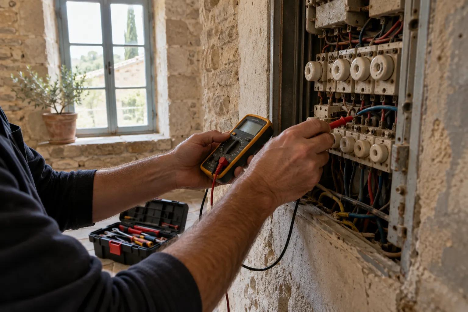 Mains d'un diagnostiqueur testant un ancien tableau électrique au multimètre dans une maison en pierre