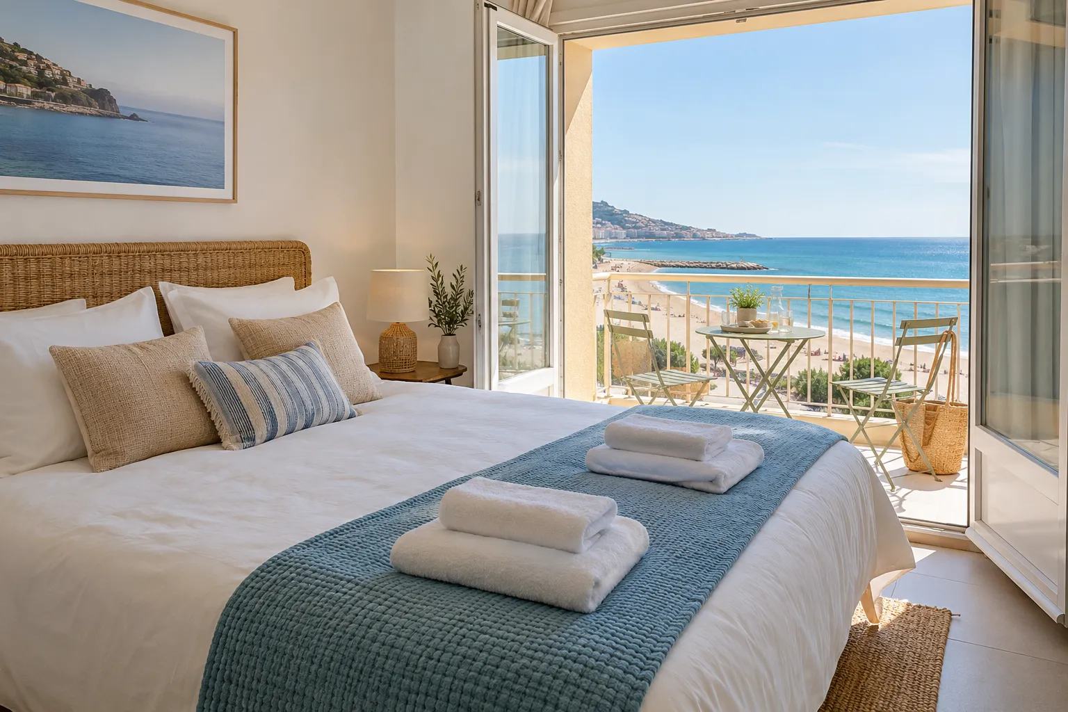 Chambre d'un appartement de vacances avec serviettes pliées sur le lit et balcon ouvert sur la plage