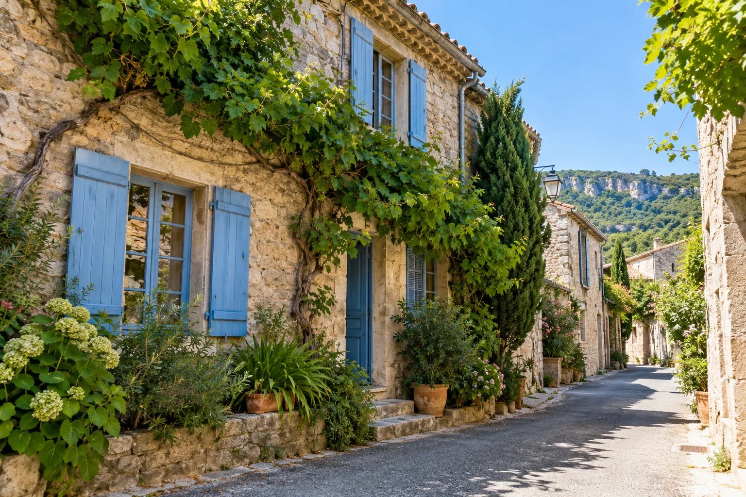 Maison de village en pierre aux volets bleus et façade couverte de vigne dans une ruelle de l'Hérault