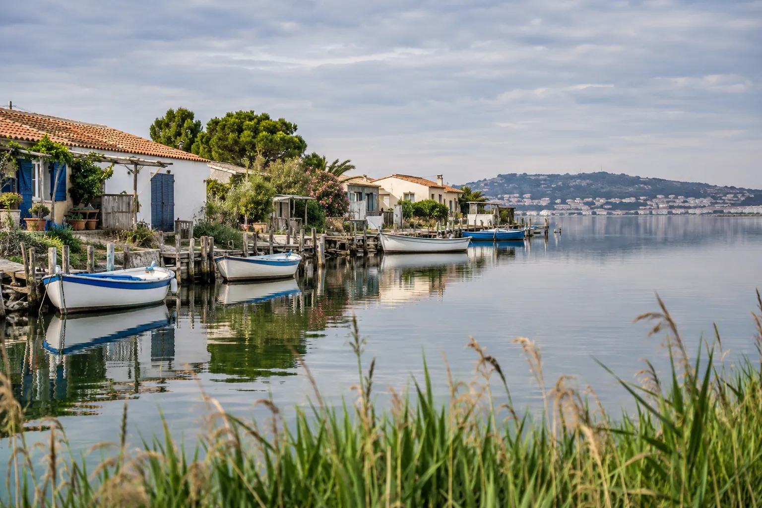 Maisons basses et barques amarrées au bord de l'étang de Thau, sous un ciel nuageux
