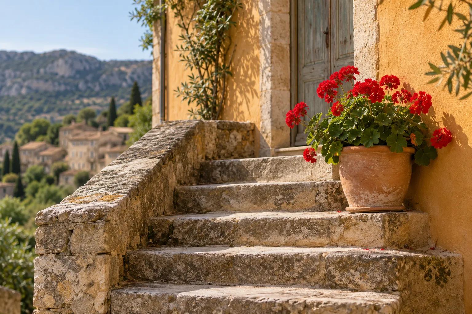 Escalier extérieur en pierre et pot de géraniums contre une façade ocre