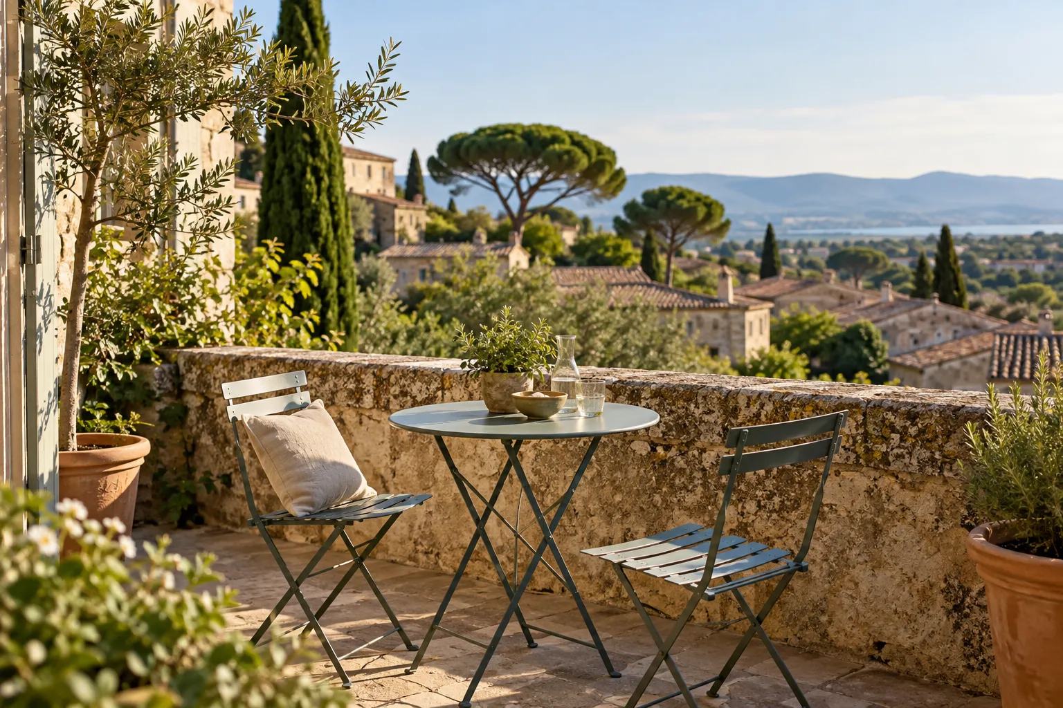 Terrasse d'appartement avec table bistrot en métal, vue sur des toits de tuiles et des pins parasols