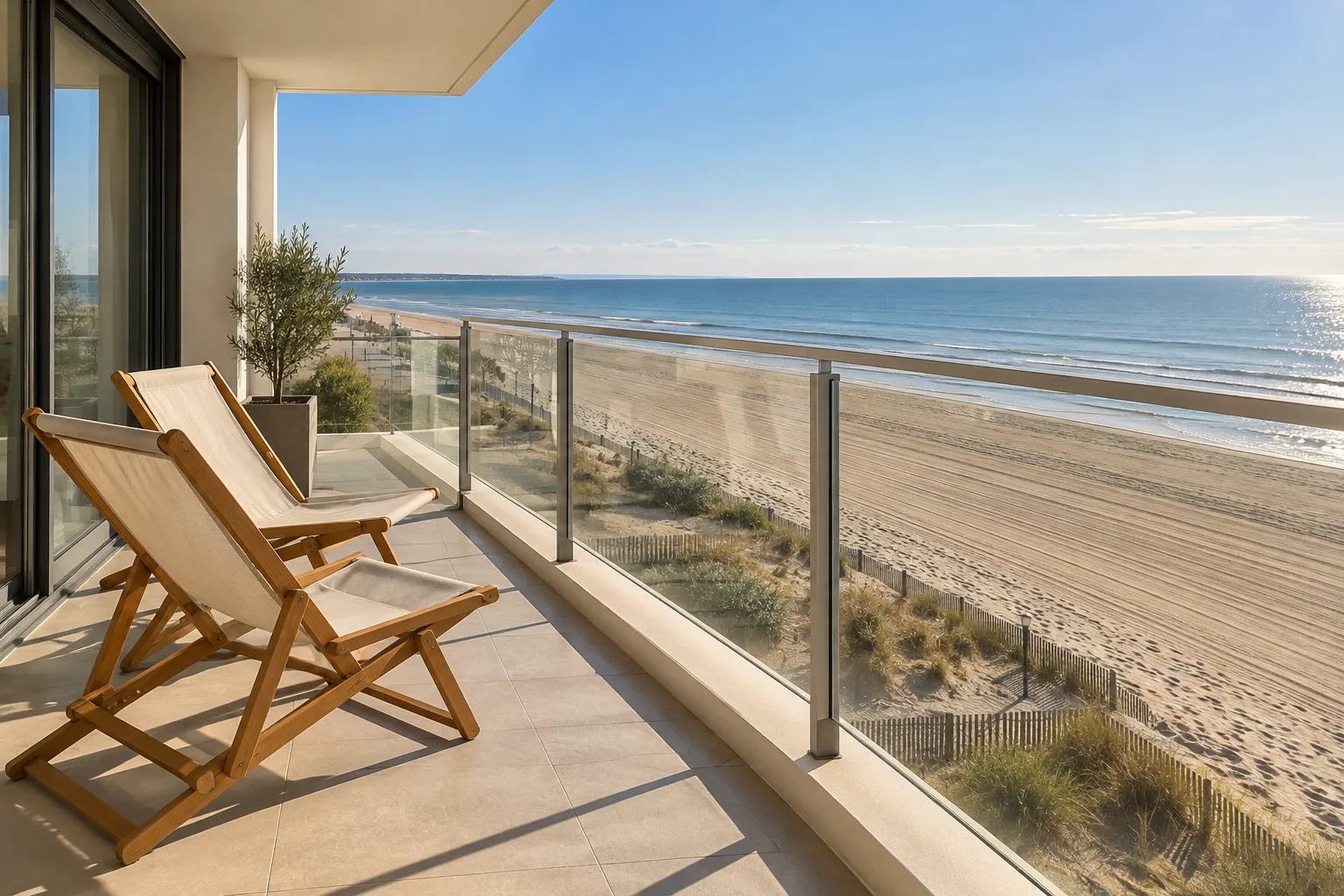 Balcon d'appartement face à la mer, avec garde-corps en verre et deux transats en bois