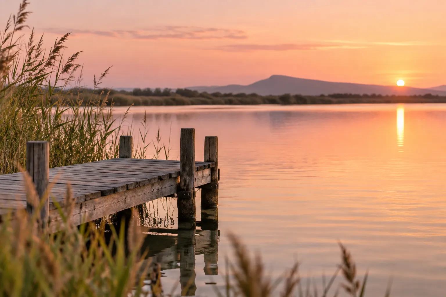 Petit ponton en bois au bord d'un étang bordé de roseaux, au lever du soleil