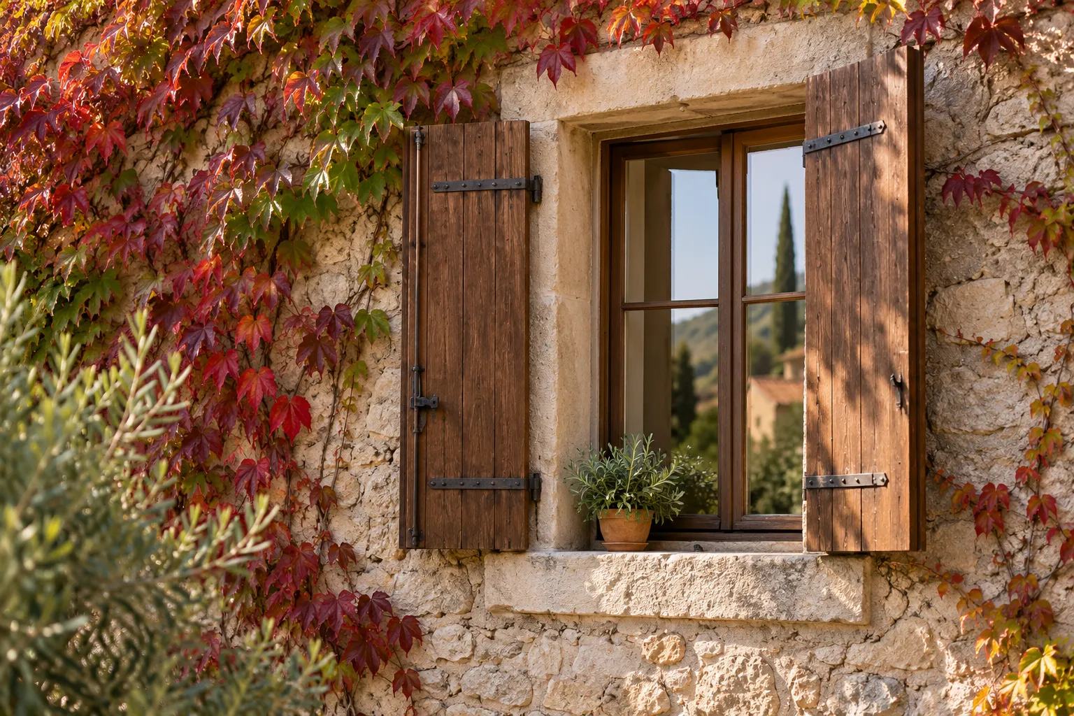 Encadrement de fenêtre en pierre avec volets bruns entrouverts et vigne vierge