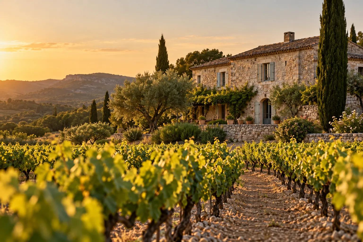 Rangs de vigne devant un mas en pierre, en fin de journée