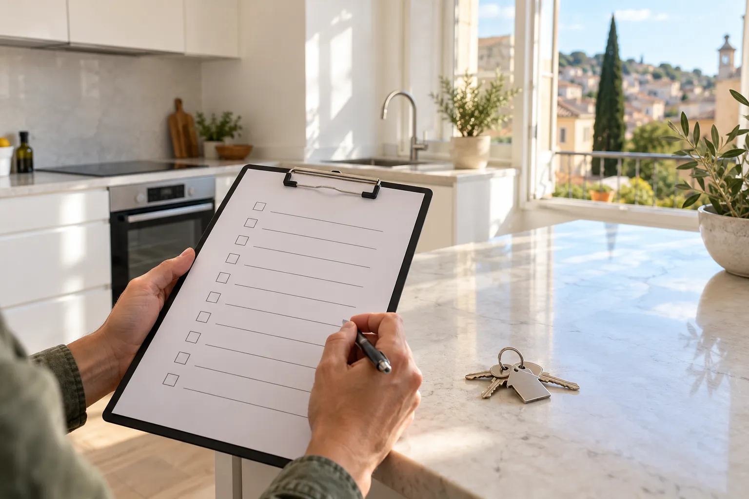 Mains remplissant une grille d'état des lieux dans une cuisine, un trousseau de clés posé sur le plan de travail