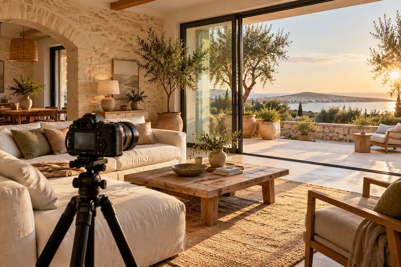 Appareil photo sur trépied dans un salon en pierre ouvert sur une terrasse plantée d'oliviers