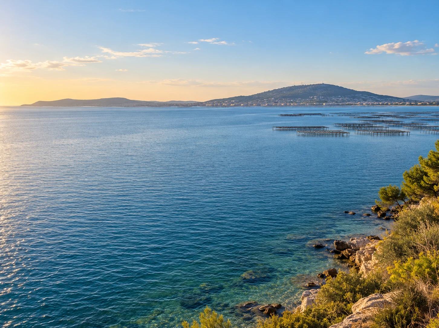 Vue du bassin de Thau et des parcs à huîtres face au mont Saint-Clair